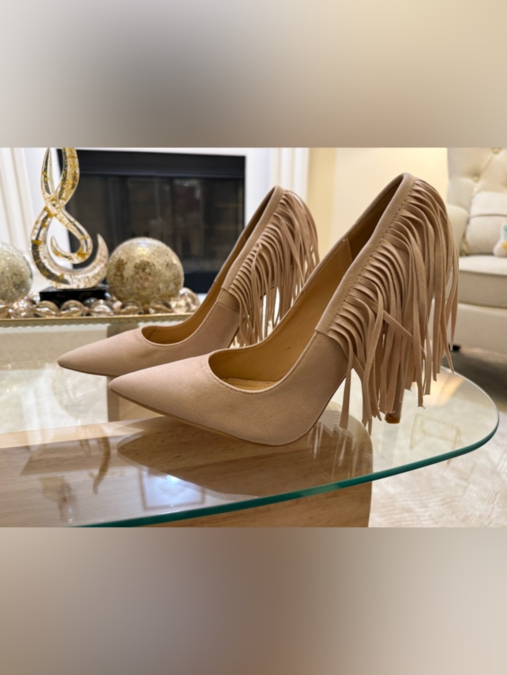 Fringe Pointed-Toe High Heels in Taupe - Picture 10 of 11